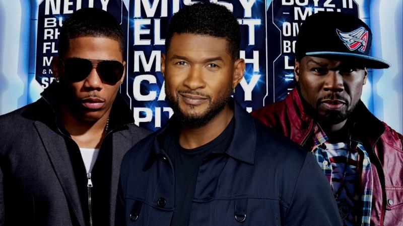 Nelly, Usher & 50 Cent vor dem Plakat für das "Lovers & Friends"-Festival mit dem Line-Up