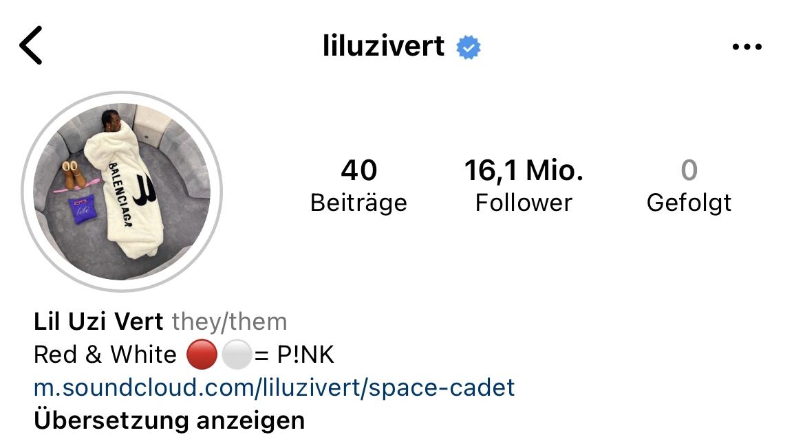 Screenshot des Instagram-Profils von Lil Uzi Vert mit nicht-binären Pronomen
