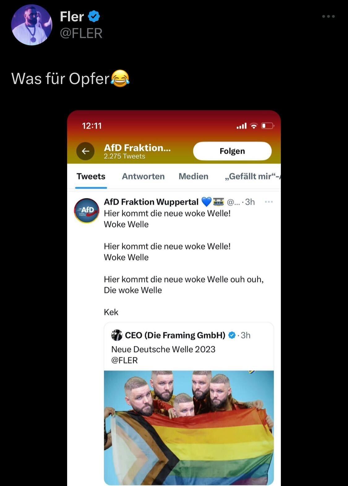 Fler antwortet mit "Was für Opfer" auf einen Tweet der AfD Wuppertal