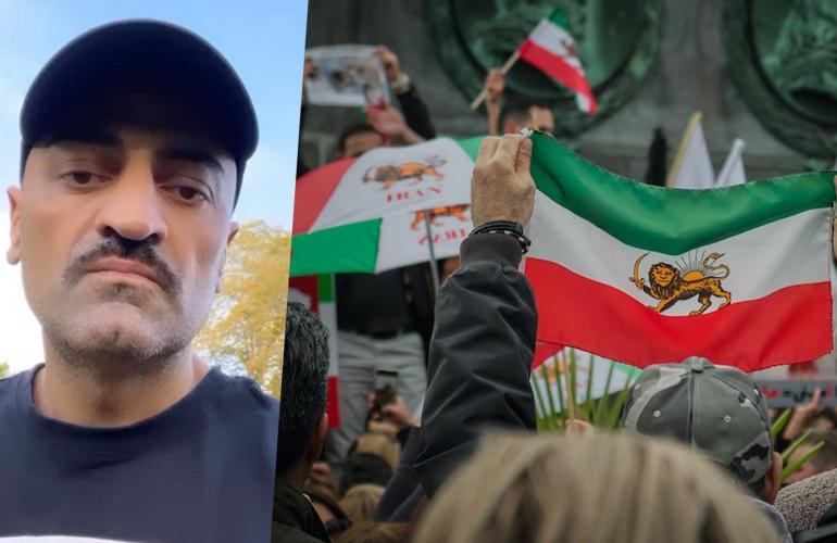 Links: Xatar, Rechts: Bild von Protesten bei dem die alte iranische Landesflagge mit Löwe und Sonne in der Mitte hochgehalten wird