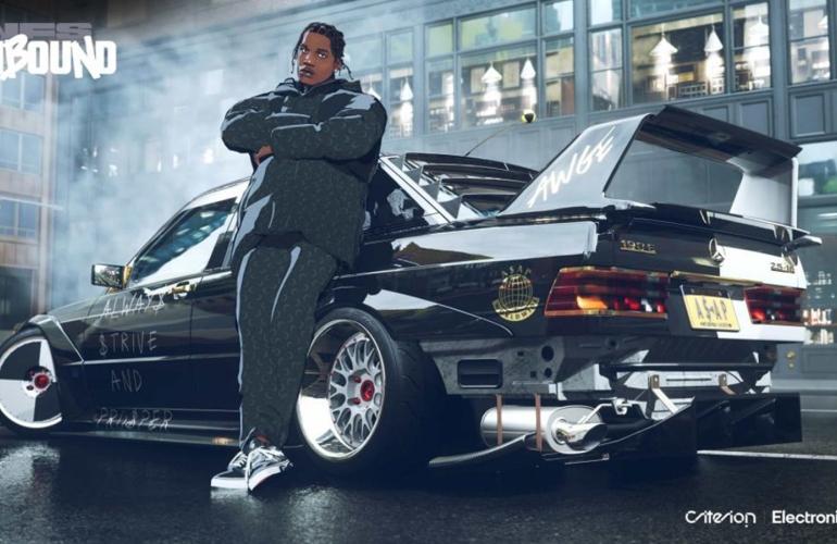 Der virtuelle A$AP Rocky steht vor einem Mercedes Sportwagen
